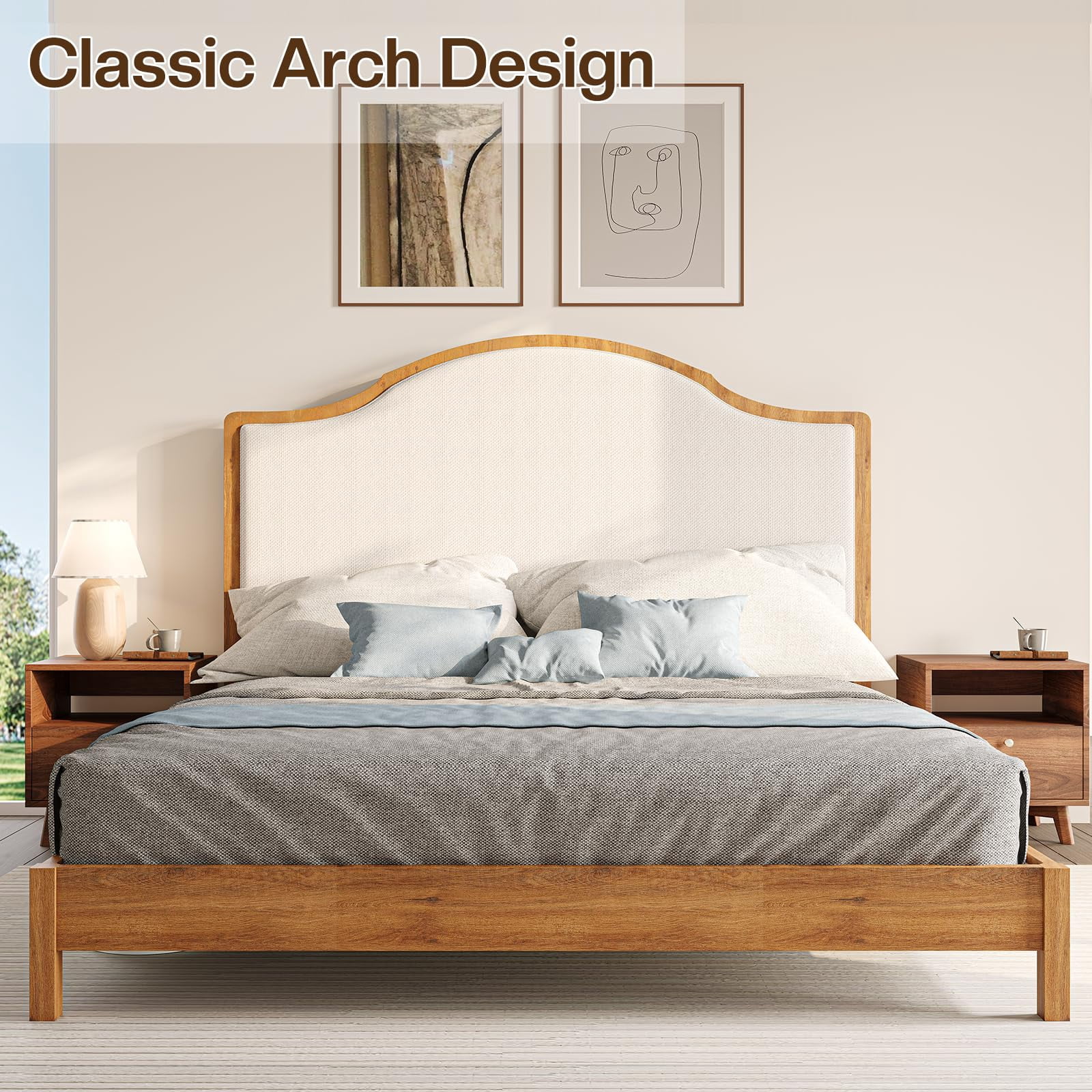 Merluxy Wooden Platform Queen Bed Frame with Upholstered Headboard Solid Wood Bed, No Box Spring Needed, Walnut
