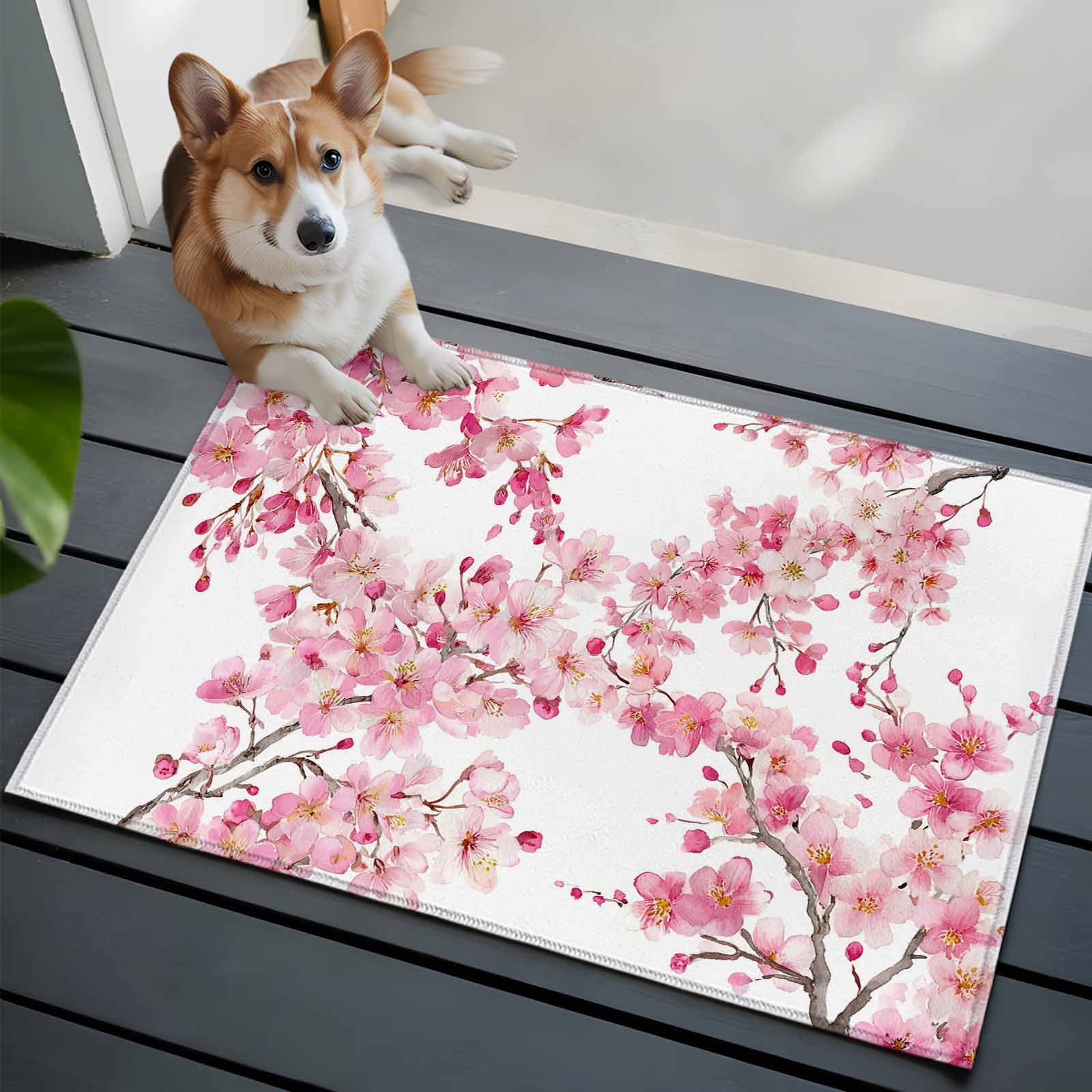 Spring Peach Flowers Entryway Rug 2'x3'&nbsp; Non Slip Front Door Mats, Pink Botanical Floral Leaves Branch Entrance Rugs Indoor Outdoor Carpet, Washable Floor Mats Small Area Rug for Bedroom Kitchen