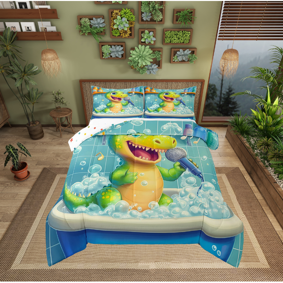 Erosebridal Singing Alligator Bedding Twin Comforter Set,Cartoon Animal Down Comforter,Ultra Soft Reversible Bedding Sets Twin with Comforter,Kawaii Room Decorative