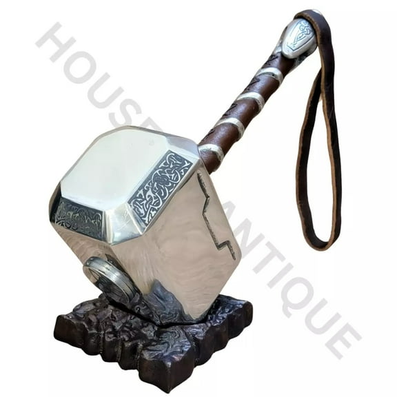 House Of Antique Mjolnir Hammer Home Decorative Replica with Leather Grip & Elegant Desk Stand.
