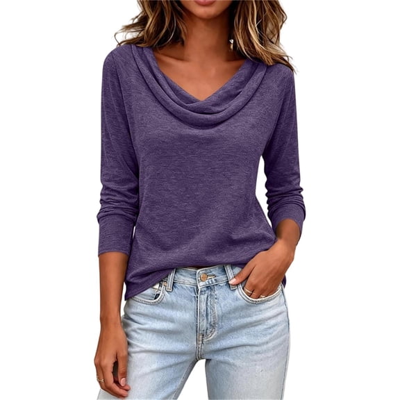 Lenpel Womens Fall Tops Dressy Cowl Neck Long Sleeve Blouses Loose Business Casual Shirts Solid Color Pullover Tops