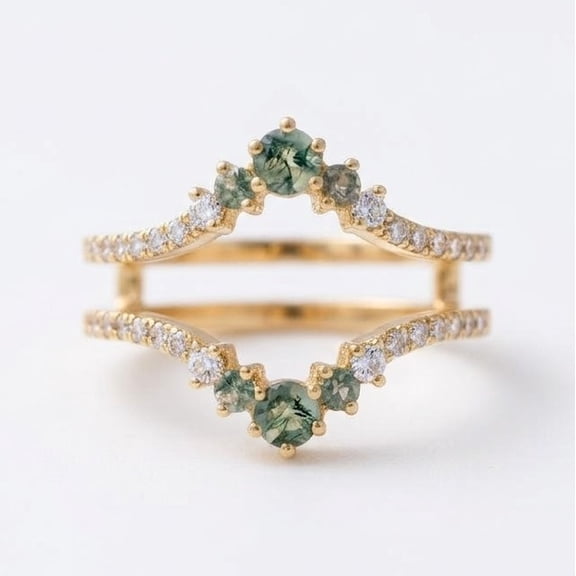 Natural Moss Agate Double Curved Band Enhancer Ring, Matching Band Ring, Wrap Ring, Minimalist Diamond Wedding Band Ring, Christmas Gift For Her, Handmade Jewelry