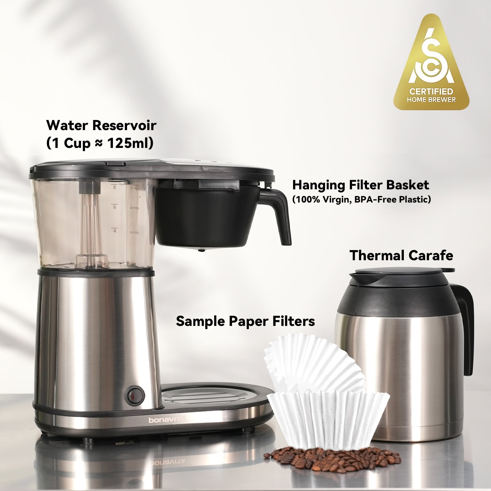 Bonavita Connoisseur 8 Cup Drip Coffee Maker Machine, One-Touch Pour Over, Auto Pause Brewing with Stainless Steel Double Wall Thermal Carafe, SCA Certified, BV1901TS