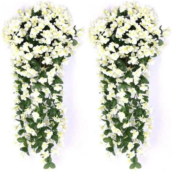 Morttic 2 Pack 2Pcs Artificial Violet Flower Wall Wisteria Basket Hanging Garland Ivy Vine,Wedding Home Garden Balcony Floral Decoration (White)