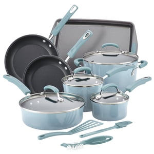 Rachael Ray Classic Brights 14-Piece Cookware Set, Sky Blue
