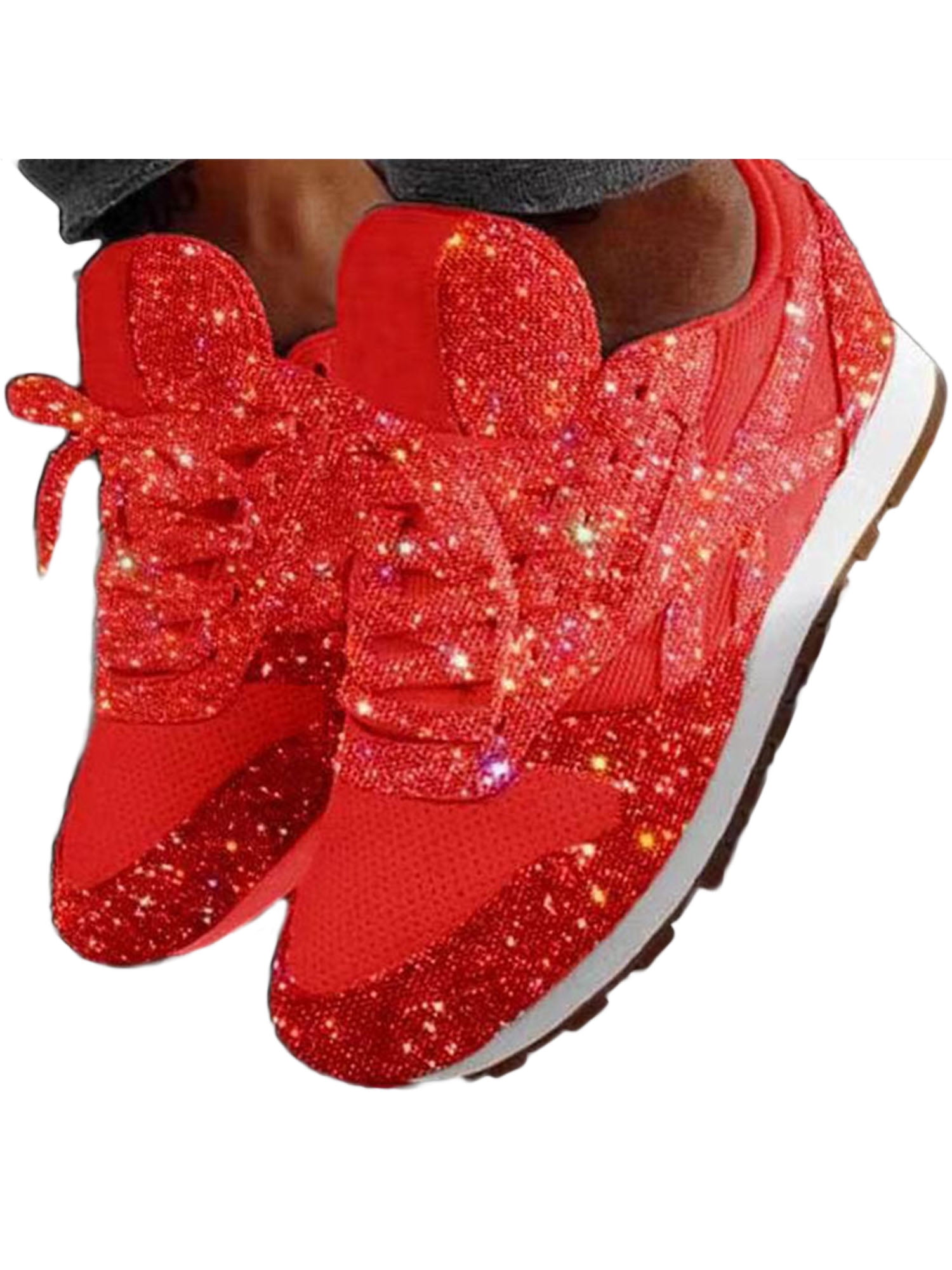 Women's Casual Breathable Crystal Bling Lace Up Sport Shoes Sneakers Glitter  Tennis Sneakers Comfy Sparkly Rhinestone Bling Running Shoes Shiny Sequin  Flat Heel Shoes 
