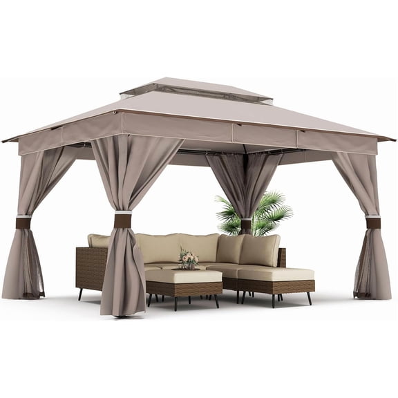 Decksplore 13' x 10' Outdoor Soft Top Gazebo, Outdoor Gazebo with Double Roof, Mosquito Nettings and Privacy Curtains, Patio Gazebo for Backyard, Deck, Garden, Lawn (Navy Blue)