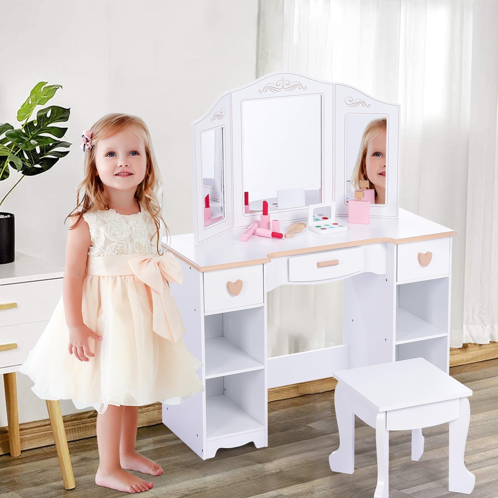 TROPOW Kids Vanity with Mirrors and Stool, Pretend Play Vanity Table Set, Princess Makeup Desk, Toddler Vanity Dressing Table with Storage Drawers and Open Shelves for Girls 3+, White