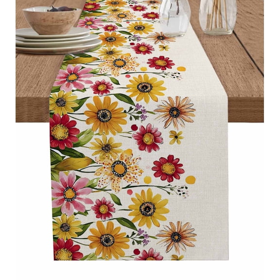 Yellow Red Spring Floral Table Runner 60 Inches, Pastoral Summer Flower Rustic Bed Runner Dresser Scarves Tabletop for Indoor Outdoor Parties/Ceremony/Banquet, 13" x 60"