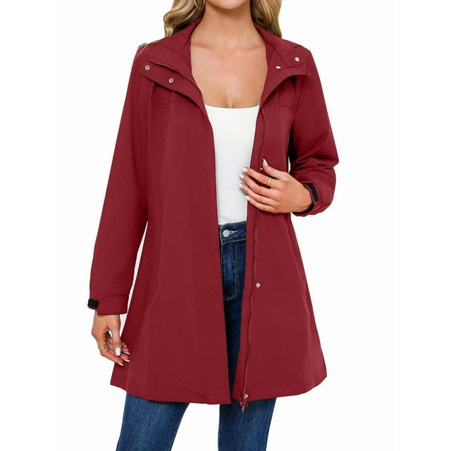 Manteau de Pluie pour Femmes Imperméable avec Capuche Trench pour Femmes Imperméables Long Coupe-Vent Rouge Vin m