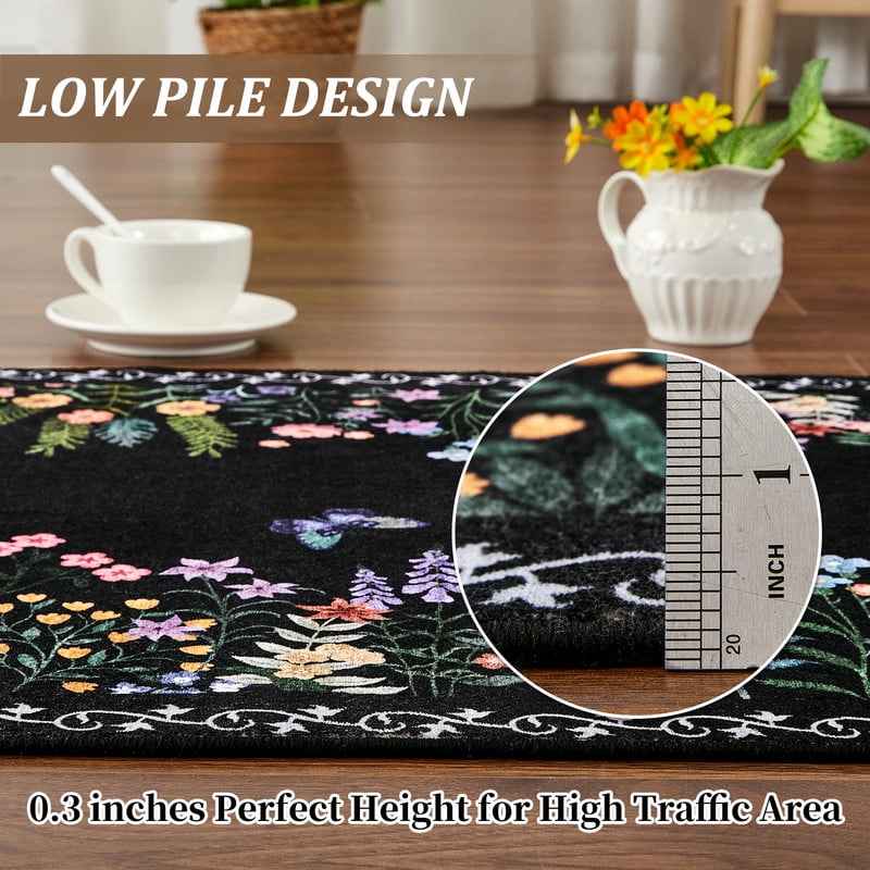 Washable 9x12 Area Rugs, Large Living Room Rug, Non-Slip Soft Floral Rugs for Bedroom, Botanical Area Rug Carpet for Dining Room Guest Room (Black,9'x12')