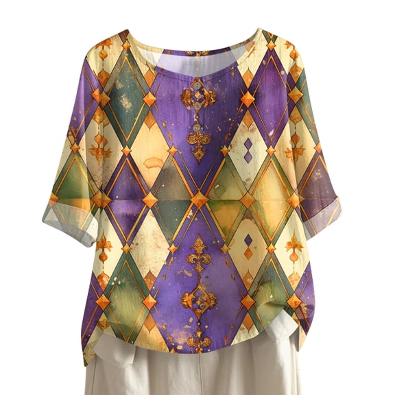 Mardi Gras Shirts for Women Carnival Glitter Short Sleeve T Shirts Mask Print Crew Neck Gold Graphic Tee Beige L