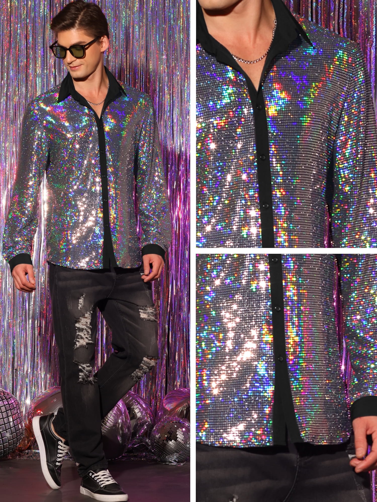 DARING DIVA Men's Sequin Long Sleeves Button Down Disco Metallic Shiny Shirts M Silver