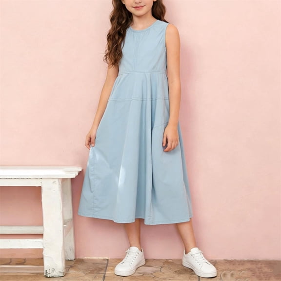 Amidoa Girl Dresses Sleeveless A-Line Cotton Dress Casual Summer Sundress for Kids Blue Size 9
