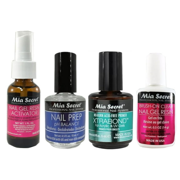 Mia Secret Nail Prep (0.5 oz), Xtrabond Primer ( 0.5 oz) , Gel Resin Activator ( 1 oz ) & Brush-on Clear Nail Gel Resin 14g