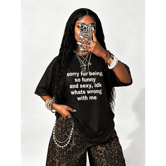 Women's Black Funny Graphic T Shirt, Casual Short Sleeve Crew Neck Cotton Blend Tee, Oversized Streetwear Summer Shirt
