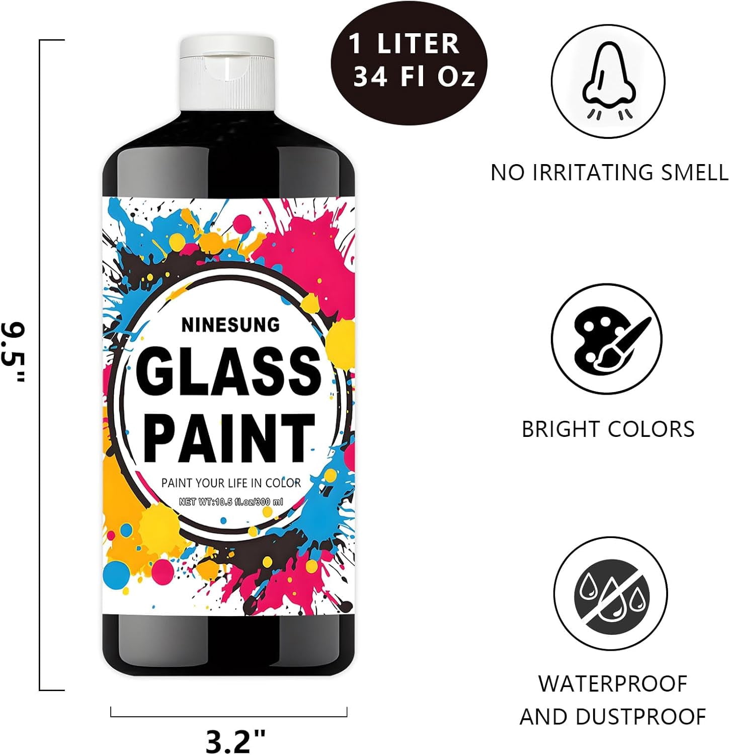 Black Glass Paint, 34 oz (1 Liter) Jumbo Bulk - Acrylic Paint for Stained Glass, Windows, Wine Glasses, Ceramics & Bottles - For Artists & Beginners (Black, 34 Fl Oz)
