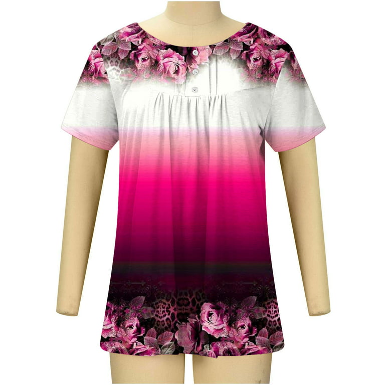 HAPIMO Women's Fashion Shirts Tummy Control Clothes for Girls Gradient  Flower Print Tops Button V-Neck T-shirt Short Sleeve Tees Pleat Flowy Tunic