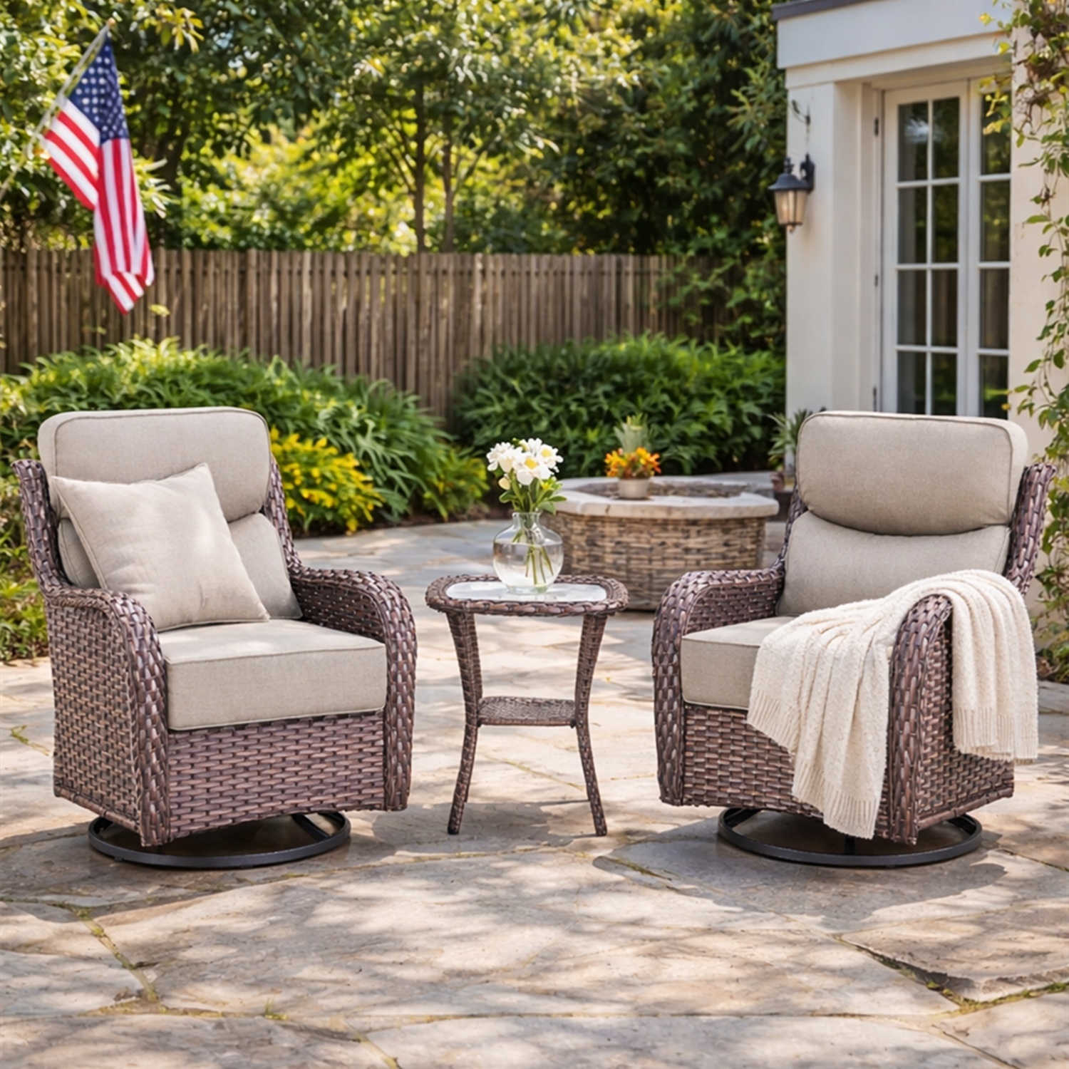 Bellefurn Outdoor Swivel Rocker Patio Chairs with 6-inch Thick Cushions,Patio Swivel Chairs Set of 2 Wicker Patio Chairs Patio Furniture Set for Porch Balcony Garden Deck Yard