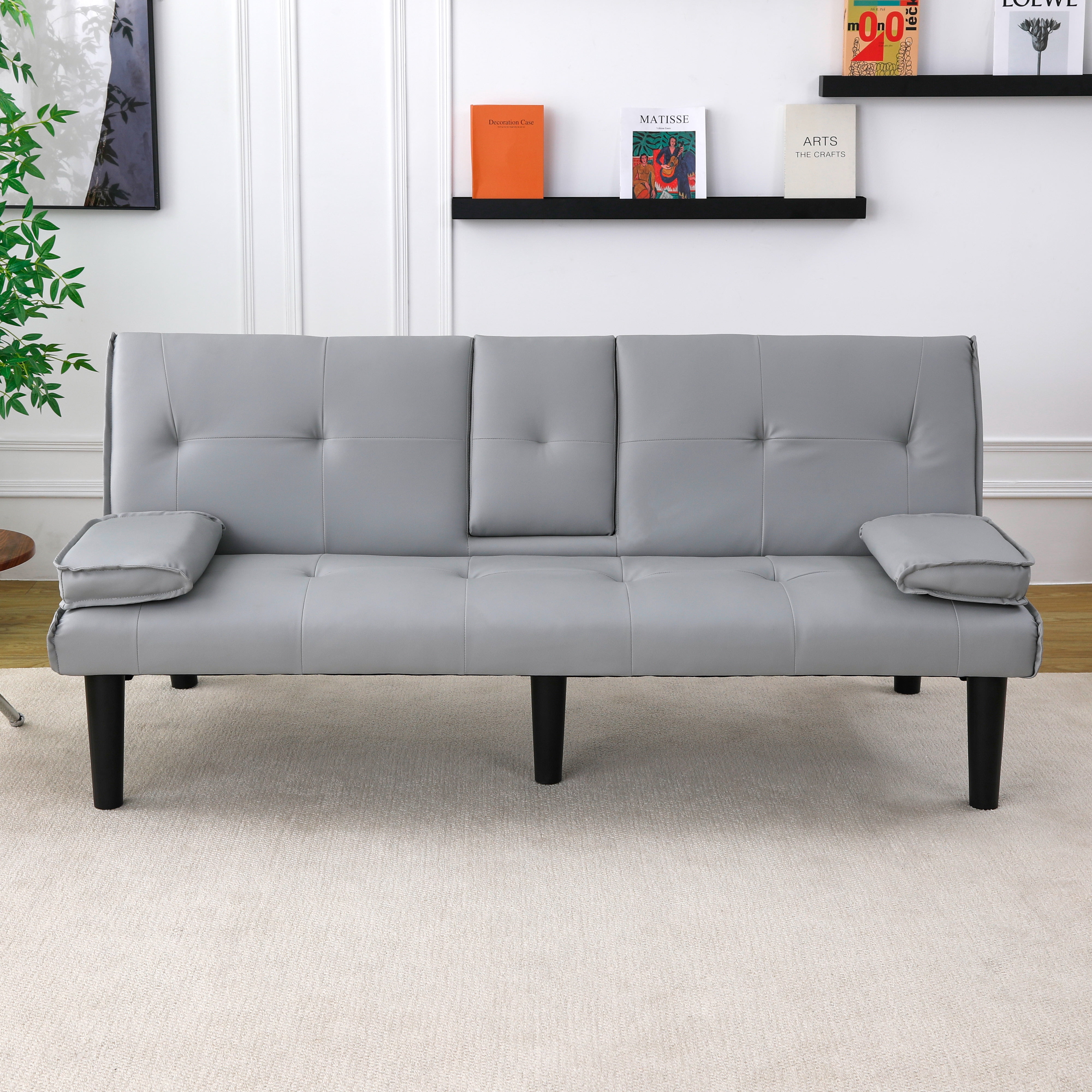 BSHTI 67-inch Foldable Futon Sleeper with S-Spring Support, 2-Seater Convertible Sofa Bed, PVC Faux Leather, Simple Assembly, Light Gray
