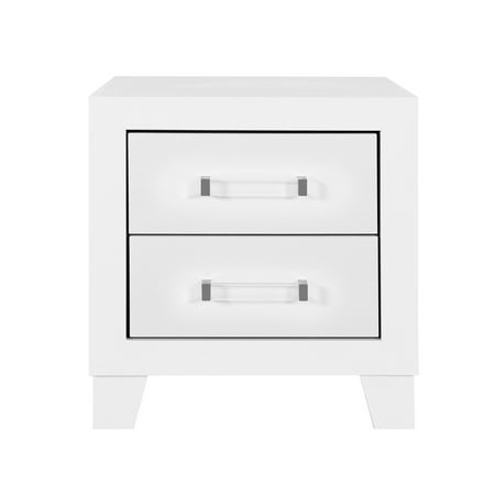 Nightstand with 2 Drawers Modern White Solid Rubberwood and MDF Bedside Table with Acrylic Hardware Contemporary Square Storage Chest for Bedroom Sleek White Finish Design