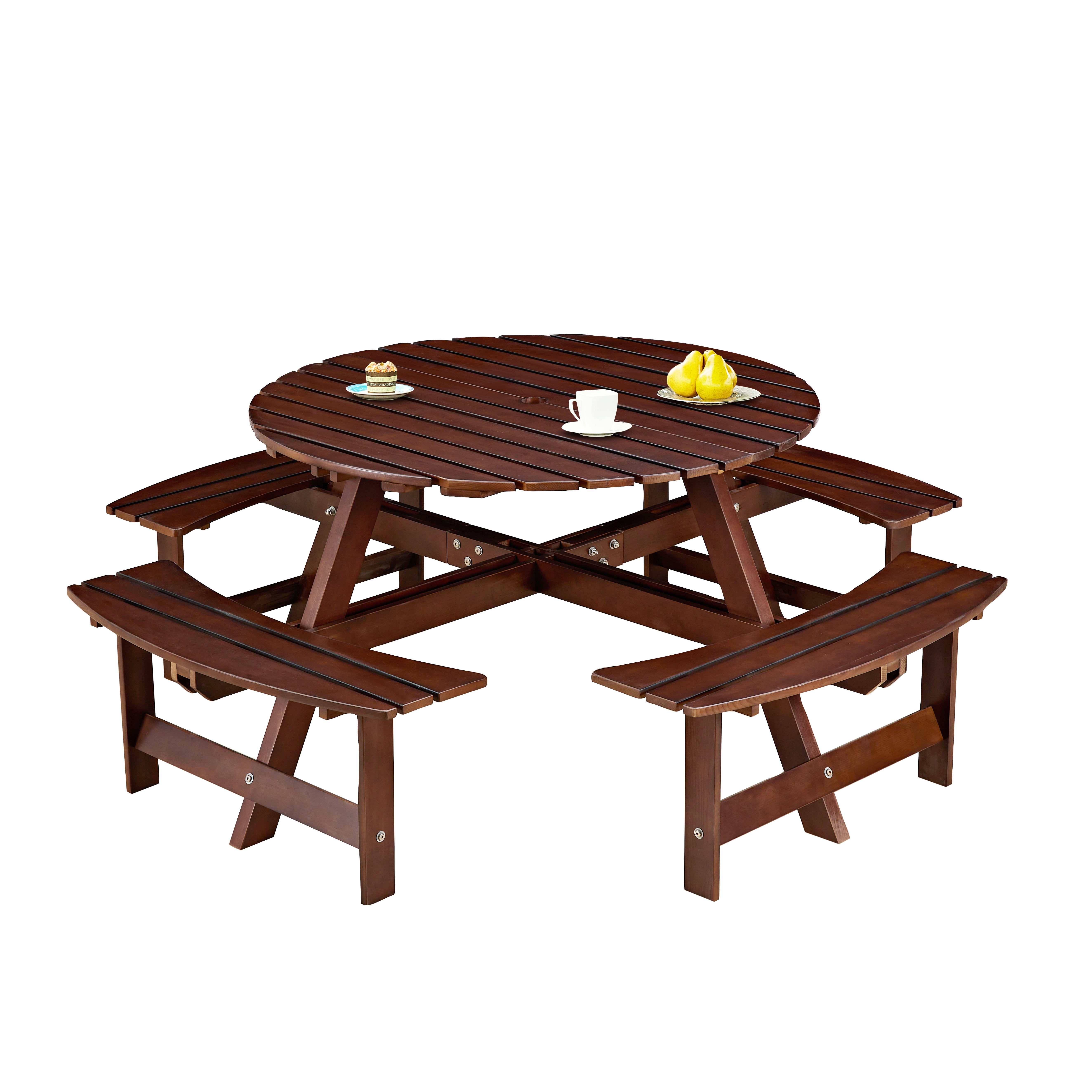 Outdoor 8 Person Picnic Table, Round Picnic Table with 4 Built-in Benches, Umbrella Hole, Outside Table and Bench Set for Garden, Backyard, Porch, Patio, Brown