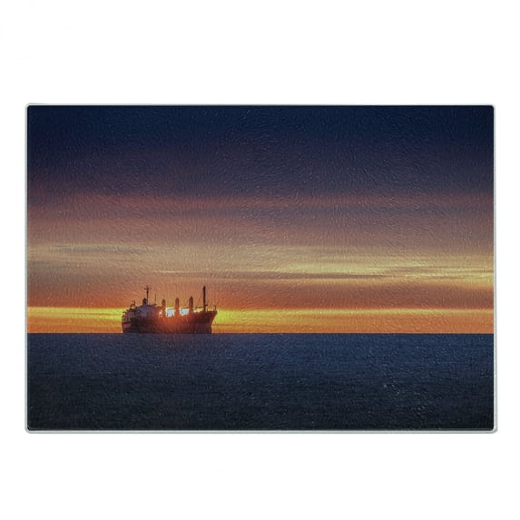 Nautical Cutting Board, Sunrise Horizon on the Sea with Sailing Logistic Cargo Ship Nautical Destination, Decorative Tempered Glass Cutting and Serving Board, Small Size, Blue Orange, by Ambesonne