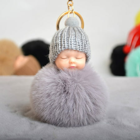 Cute Small Sleeping Baby Doll Fake Fur Fluffy Ball Keychain Bag Key Rings Pendant Ornaments Gifts Color Light