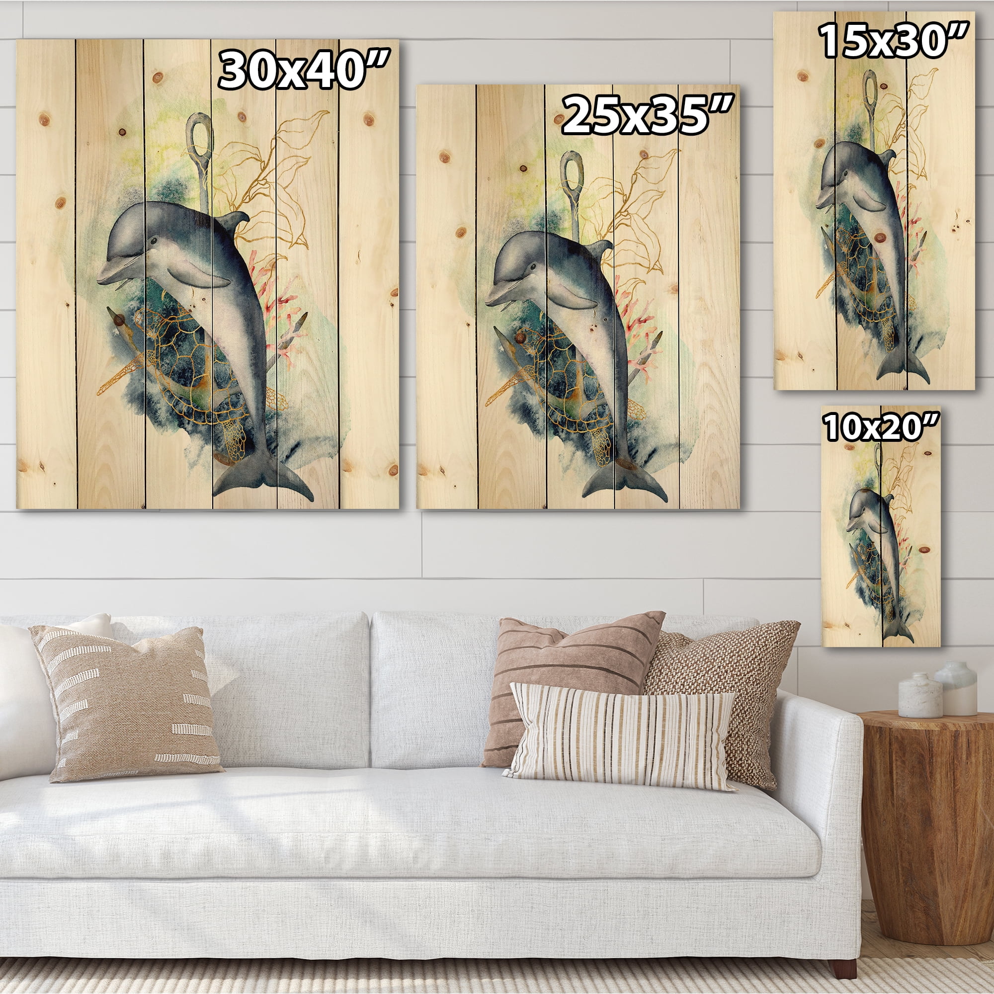 Designart 'Linear Coral Reef Plants and Dolphin Turtle Anchor' Nautical & Coastal Print on Natural Pine Wood
