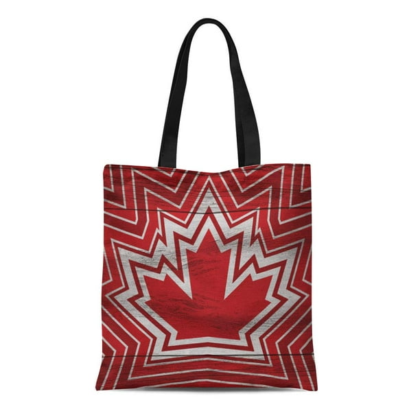 ASHLEIGH Canvas Tote Bag Red Geometric Canadian Maple Leaf Crest on Rustic Wooden Reusable ...