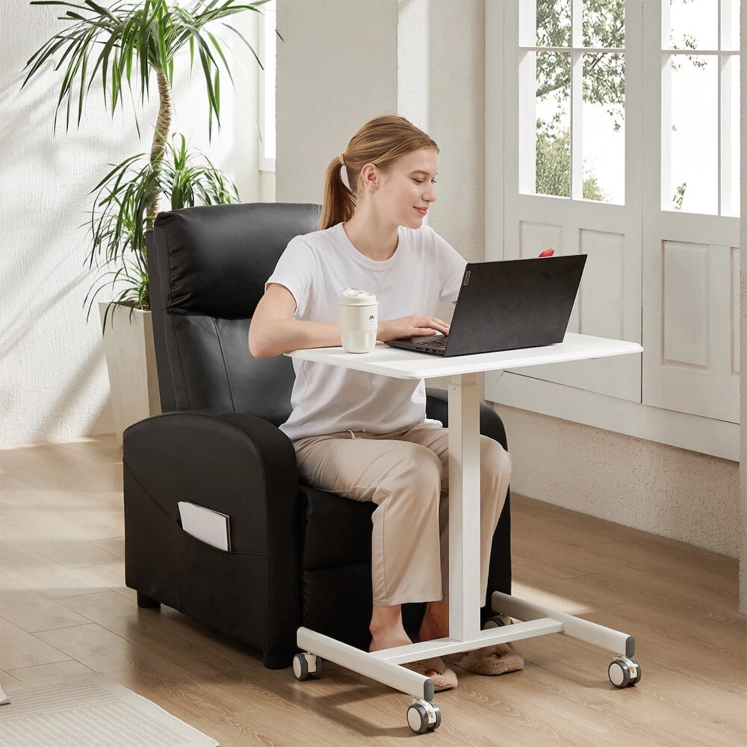 Small Mobile Standing Desk, Adjustable Rolling Laptop Table with Locking Wheels for Home Office, White