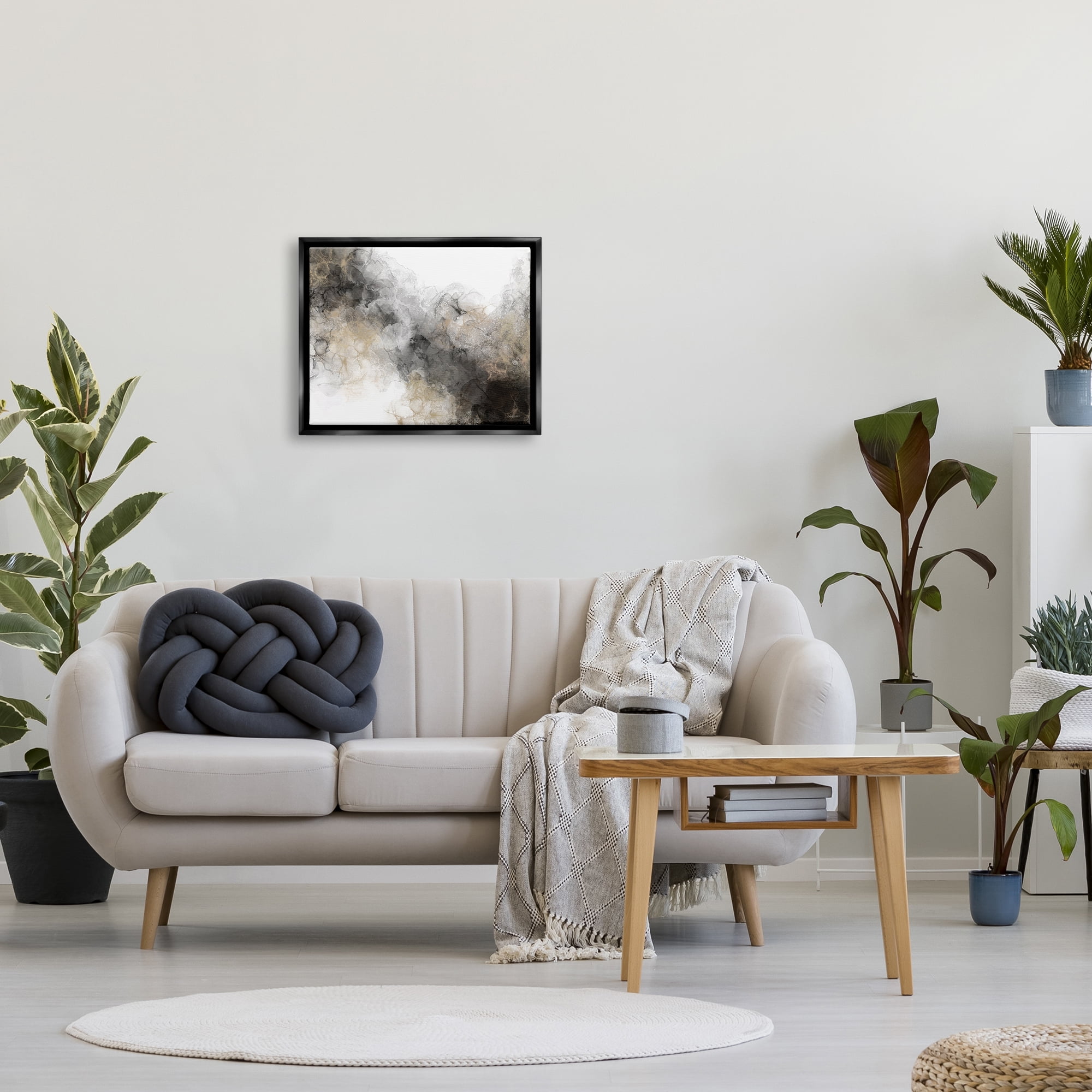Stupell Industries Striking Abstract Earth Tones Painting Water Blotch Effect Painting Jet Black Floating Framed Canvas Print Wall Art, Design by Angela Bawden