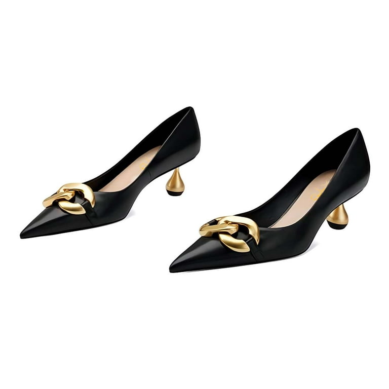 XYD Women's Low Golden Heel Closed Pointed Toe Pumps with Metal
