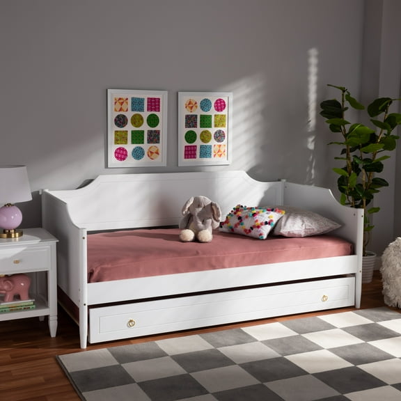Baxton Studio Alya Classic Traditional Farmhouse White Finished Wood Twin Size Daybed with Roll-Out Trundle Bed