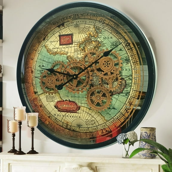 THE GEARS CLOCK Wall Clock with Real Moving Gears PO-LI_ 24 in Round BLACK-ANTIQUE