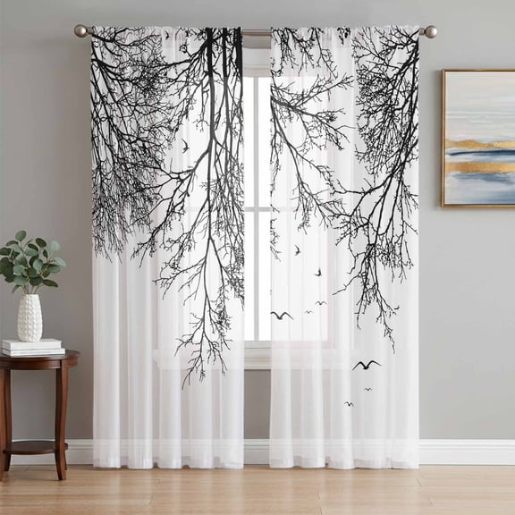 Black Branches Sheer Curtains 96 Inch Length 2 Panels Set, Botanical Dead Tree Birds Voile Window Treatment Semi Sheer Long Curtains Drapes for Bedroom/Living Room/Kitchen 52"x96"x2