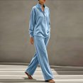 thumbnail image 4 of Szluipve Women Velvet 2 Piece Outfits Stand Collar Henley Button Long Sleeve Top & Elastic Waist Wide Leg Pants Casual Loungewear Matching Set Light Blue L, 4 of 6