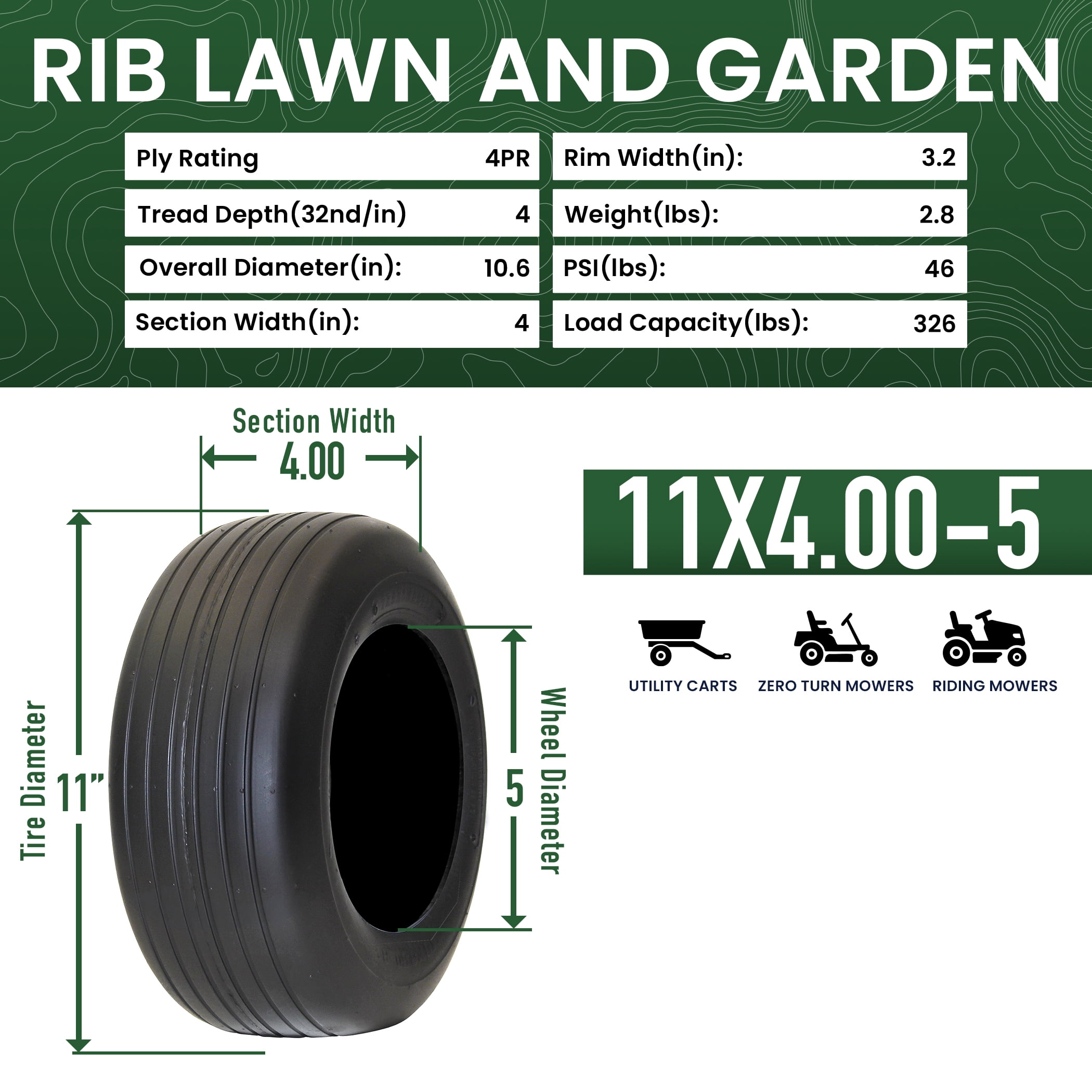 Greenball Rib 11X4.00-5 4-Ply Rated Tire for Lawn and Garden Equipment