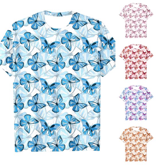 WAYUTE Girls Shirts Short Sleeve Round Neck Butterflies Print Tees Shirt for Toddler Kids Loose Fit Versatile Summer Outdoor Casual Tshirt,Blue