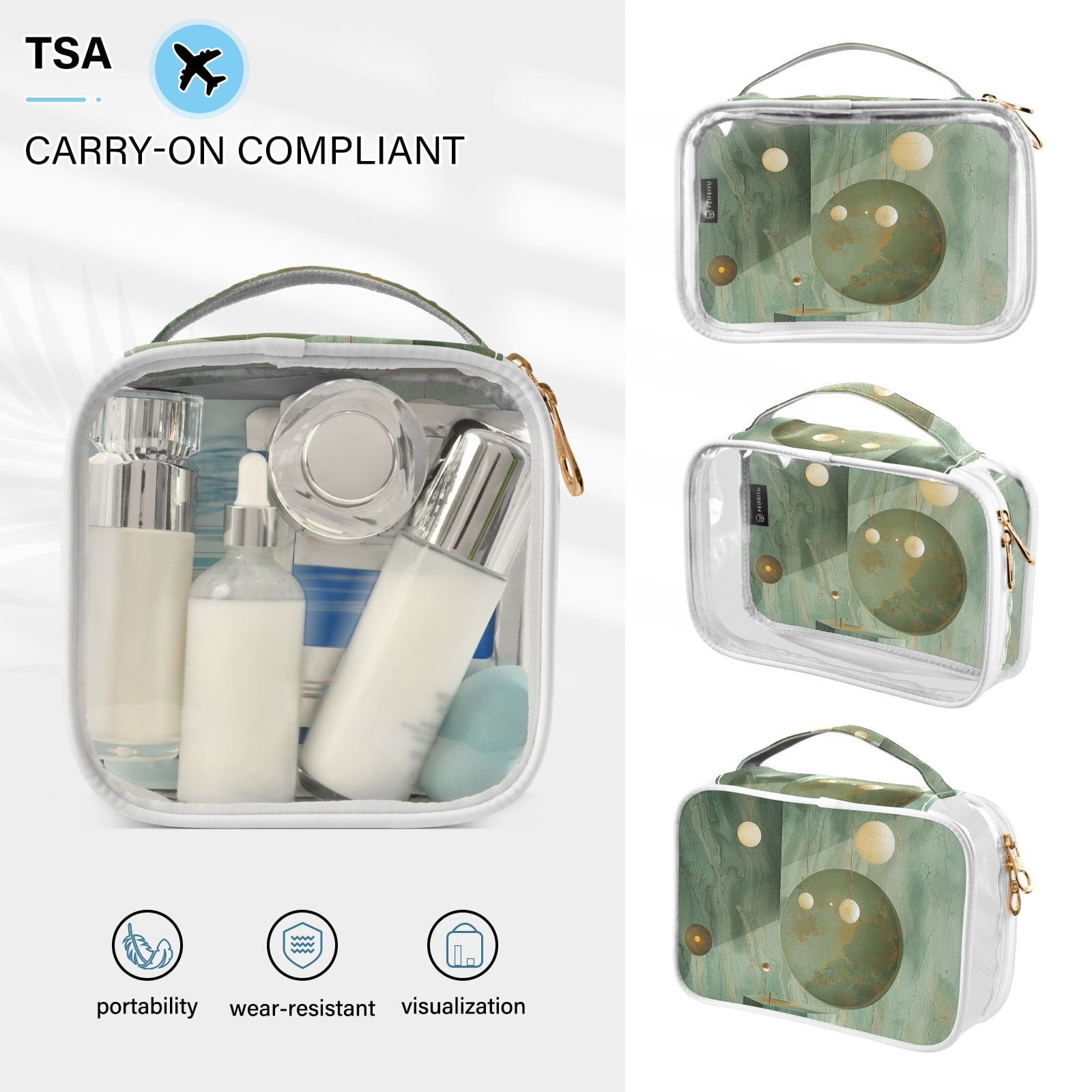 Clear Makeup Bags with Handle Large Opening 2 Pack Set Toiletry Bag Quart Size Bag, for Women Man Traveling Travel Essentials, Toiletries and Other. Green Gold Marble Modern Luxury