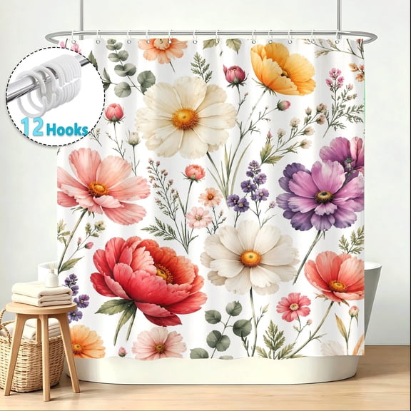 Watercolor Flower Farmhouse Floral Pattern Shower Curtain, Elegant Stunning Wildflower Shower Curtain Set for Bathroom, Waterproof Cloth Fabric Shower Curtain with Hooks, 72*72in