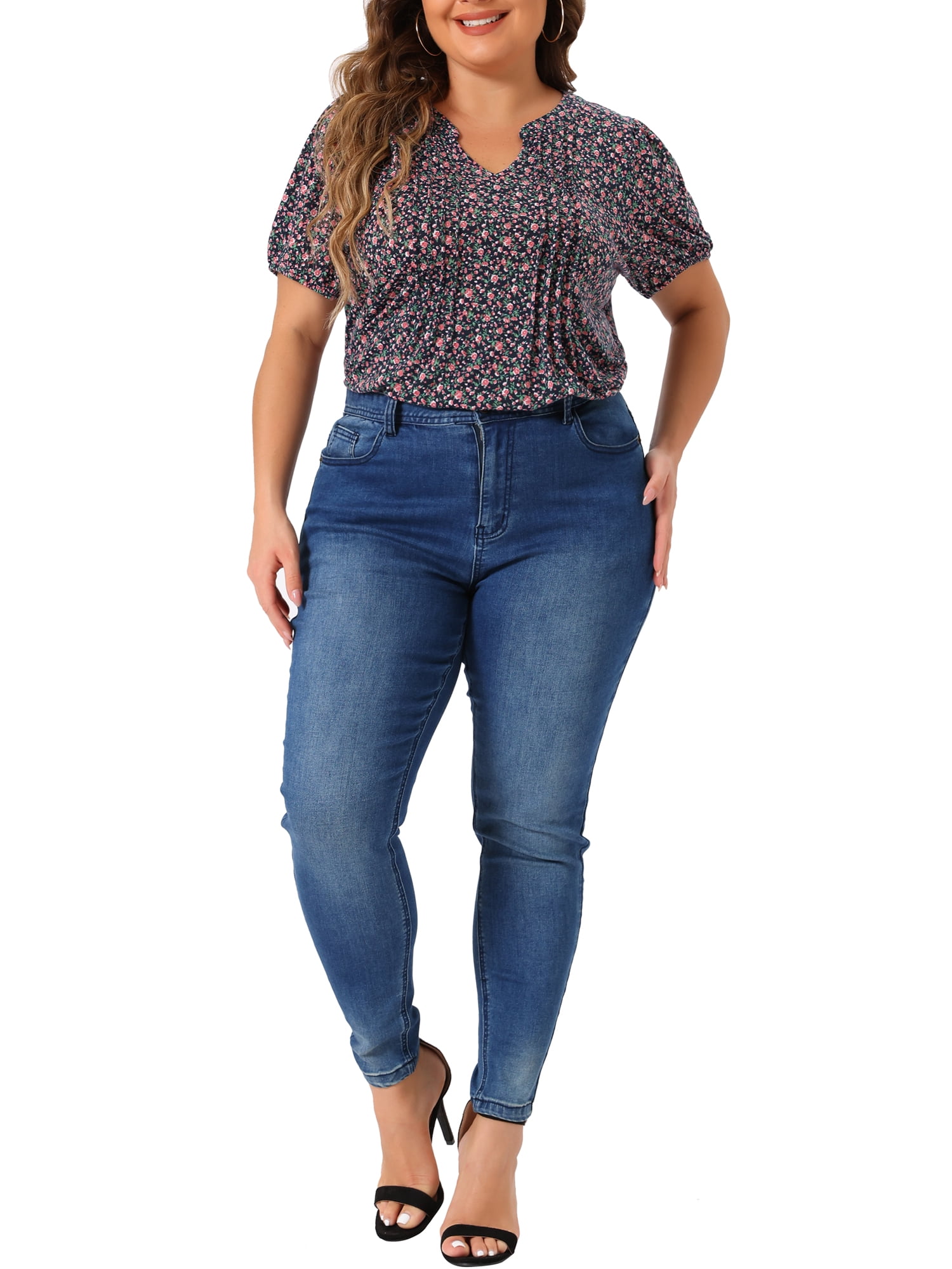 Women's Plus Short Sleeve Pleated T-Shirts Notched V Neck Floral Tops 6X Navy Blue
