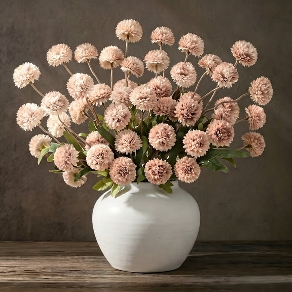 Yastouay Faux Kiku Flowers for Vase,6 pcs Long Stem Artificial Flowers,Beige Silk Pompon Mums for Wedding Centerpieces Arrangements