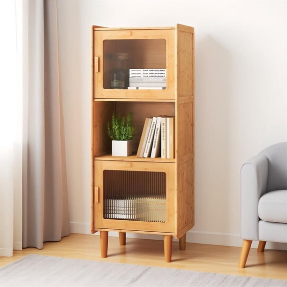 Topcobe 3-Cube Bamboo Storage Cabinet with Open Compartment and 2 Acrylic Doors, Modern Furniture for Indoor, Living Room-Natural