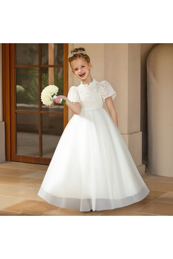 Girls Ball Gown Party Dress Long Length Short Sleeve Crew Neck Floral Eyelet Motif Bodice Puff Accent Layered Mesh Wedding Party Wear