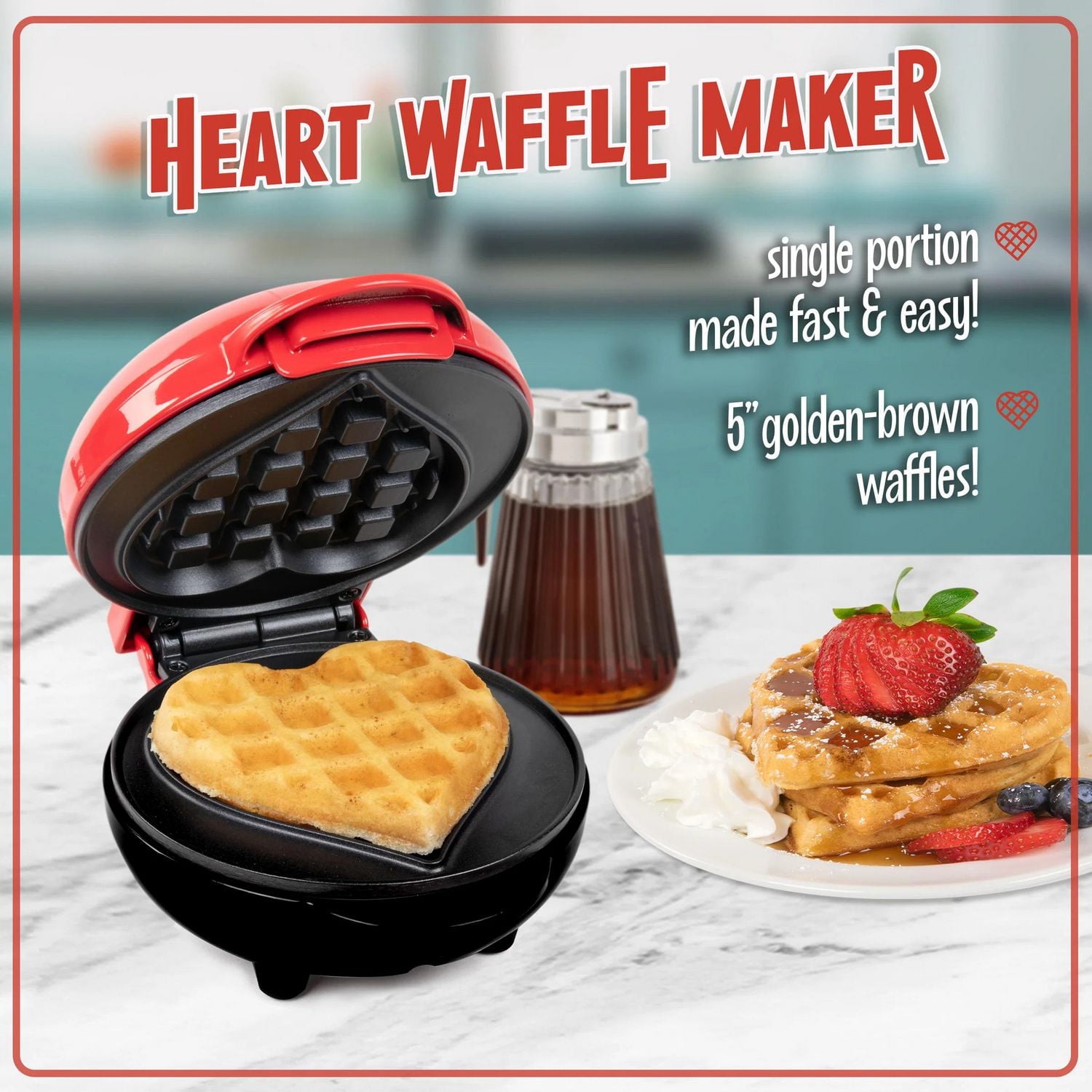 Nostalgia My Mini Personal Electric Heart Waffle Maker, Red