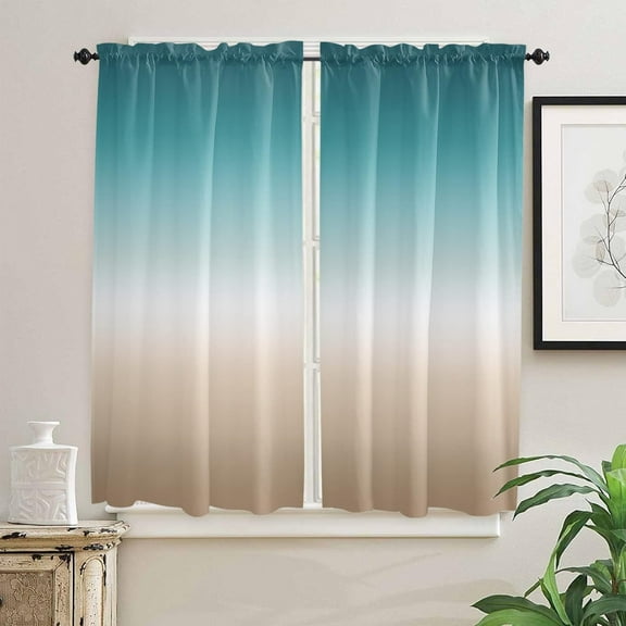 Kitchen Curtains 63 Inch Length, Teal Beige Ombre Cream Farmhouse Curtains Drapes, Modern Turquoise Abstract Art Aesthetics Rod Pocket Window Curtains for Living Room/Bedroom 42x63, 2 Panels