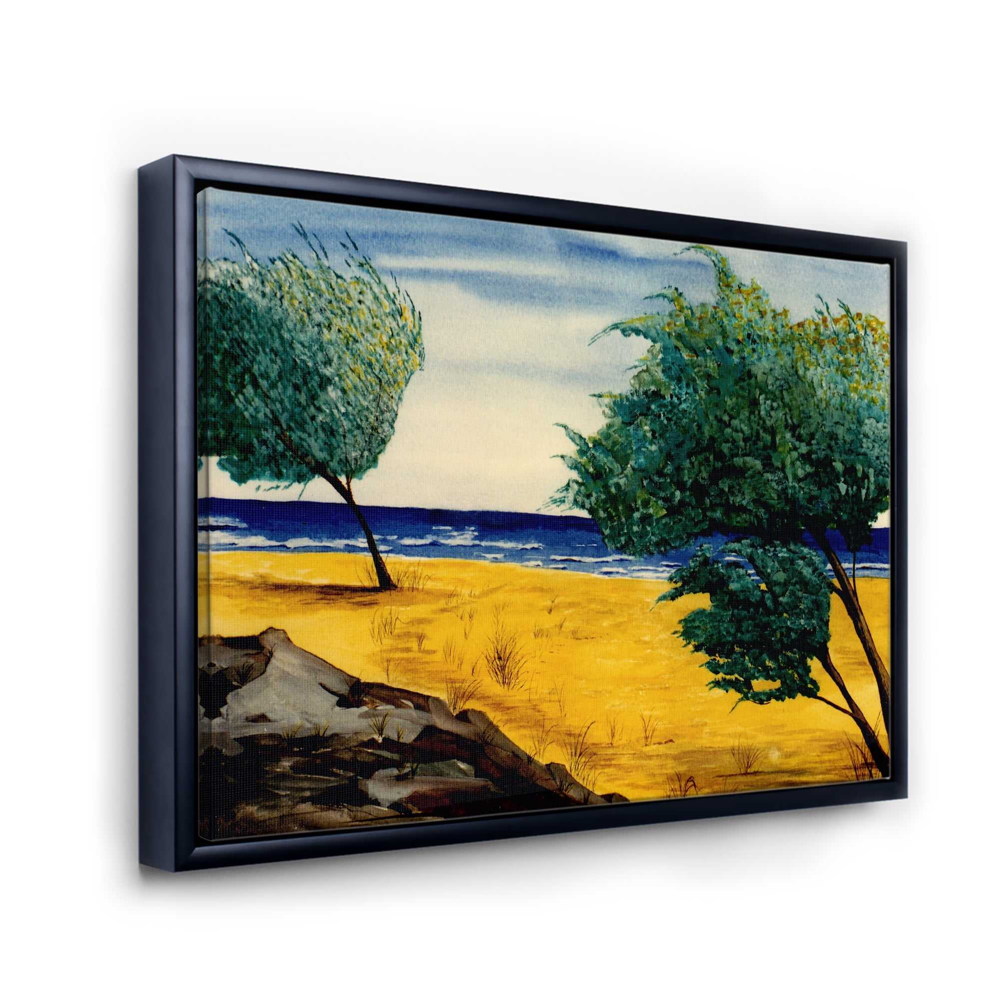 Designart 'Blue Beach By The Coastline' Nautical & Coastal Framed Canvas Wall Art Print