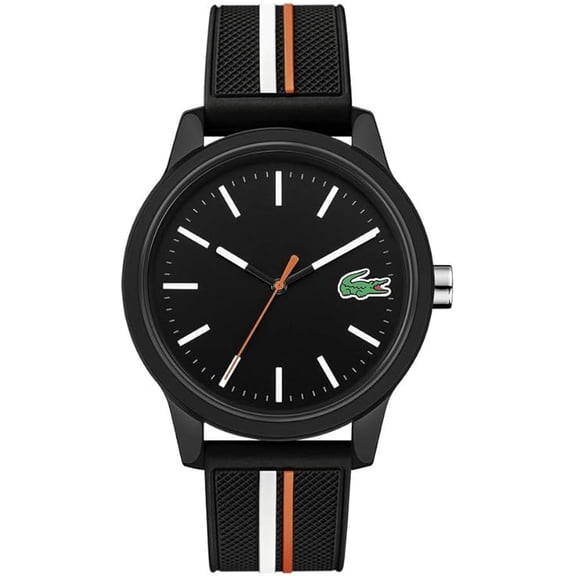 LACOSTE 2011071 12.12 BLACK DIAL BLACK SILICONE STRAP MENS WATCH