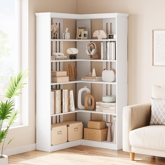 Memoryfield Large 5 Tier Corner Bookshelf, 72.8in Tall Wood Bookcase with L- Shaped Design for Storage and Display, White